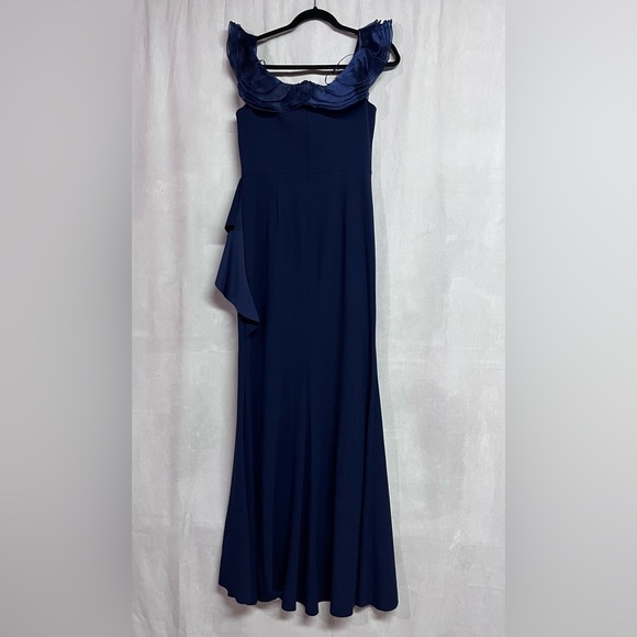 Alex Evenings Long Stretch Crepe Off Shoulder Dress Organza Ruffle Neckline NWOT - Picture 5 of 8